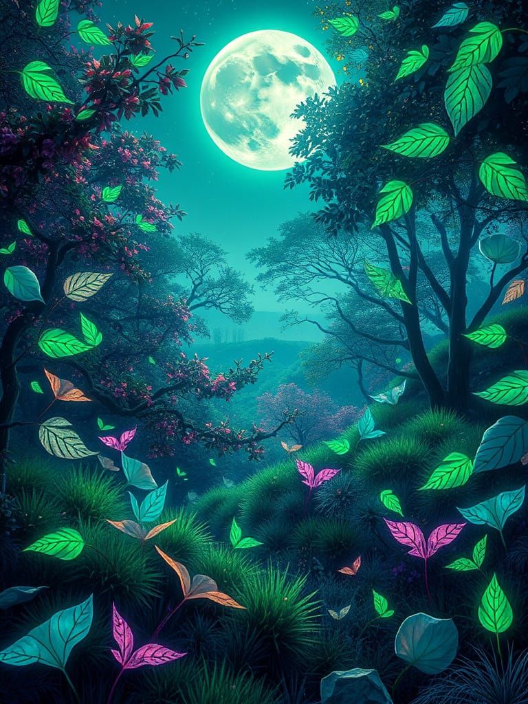 Dreamlike Forest of Bioluminescent Wonders in Vibrant Hyper-...