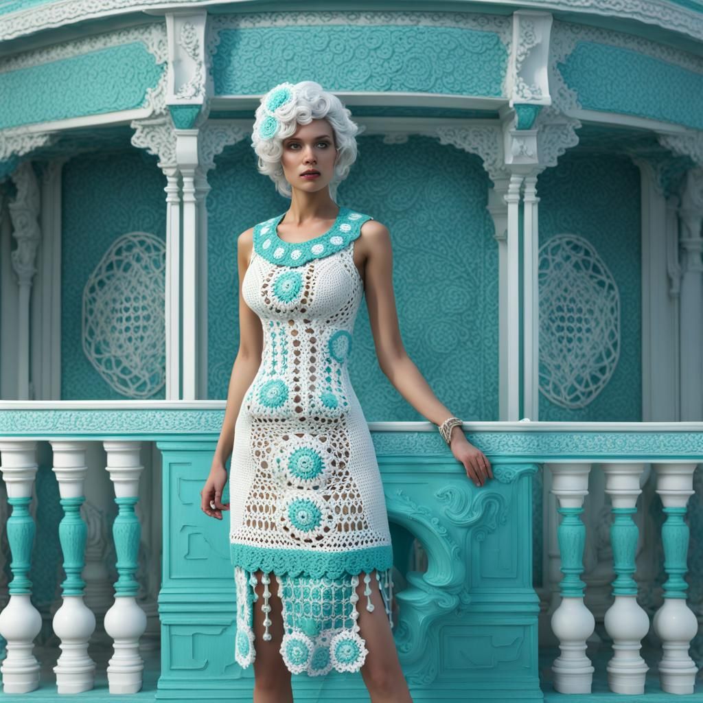 Turquoise and White Crochet Granny Square Dress