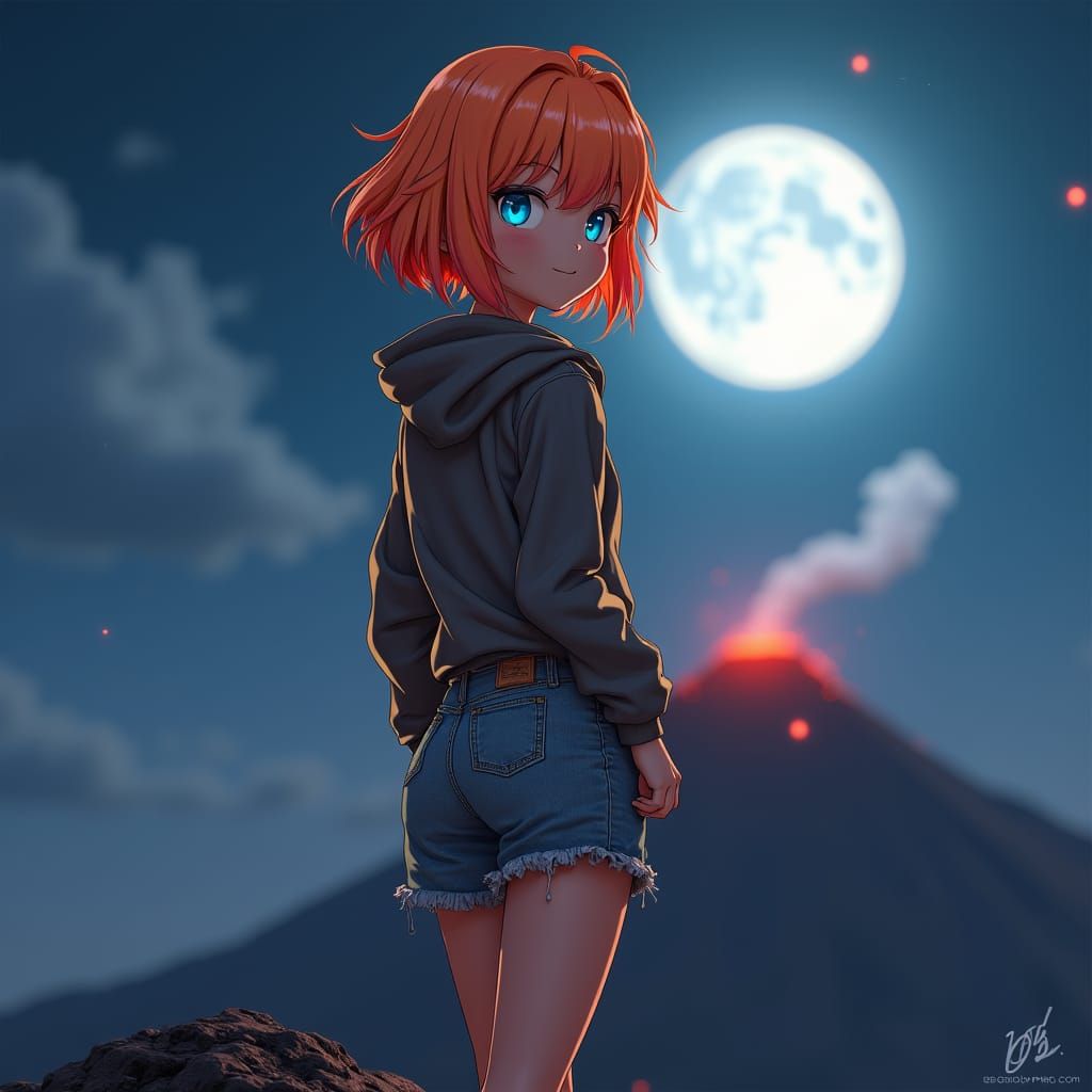 Fiery Haired Girl on Volcano, Anime Style