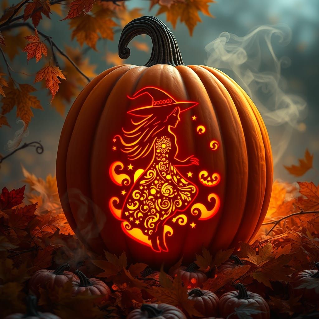 Ornate Halloween Pumpkin with Witch Silhouette