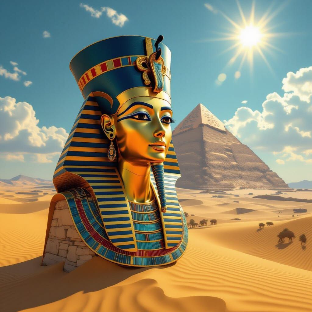 Nefertiti Sphinx Guards Desert Pyramid in 3D Art Style