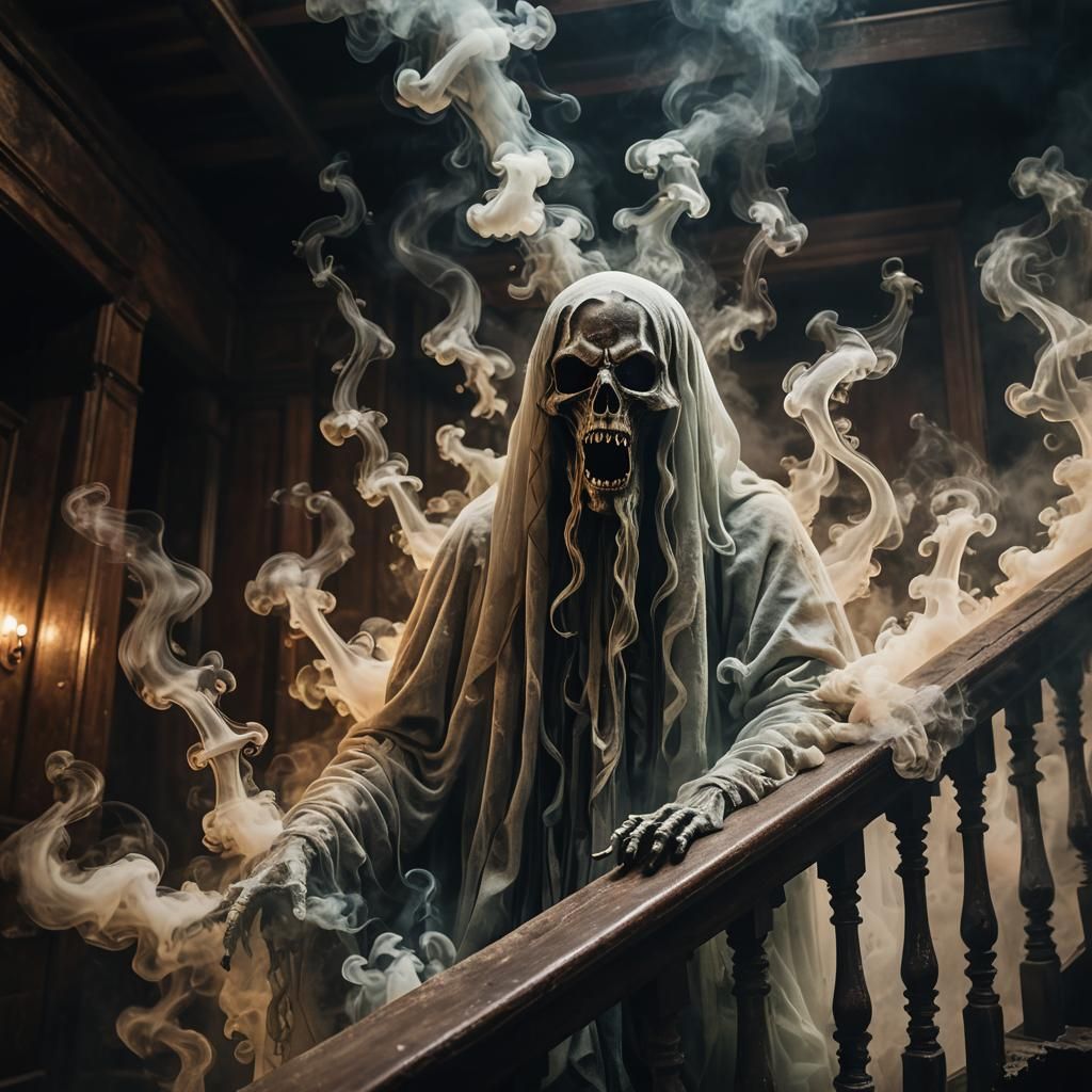 Neon Smoke Ghost Descending a Staircase