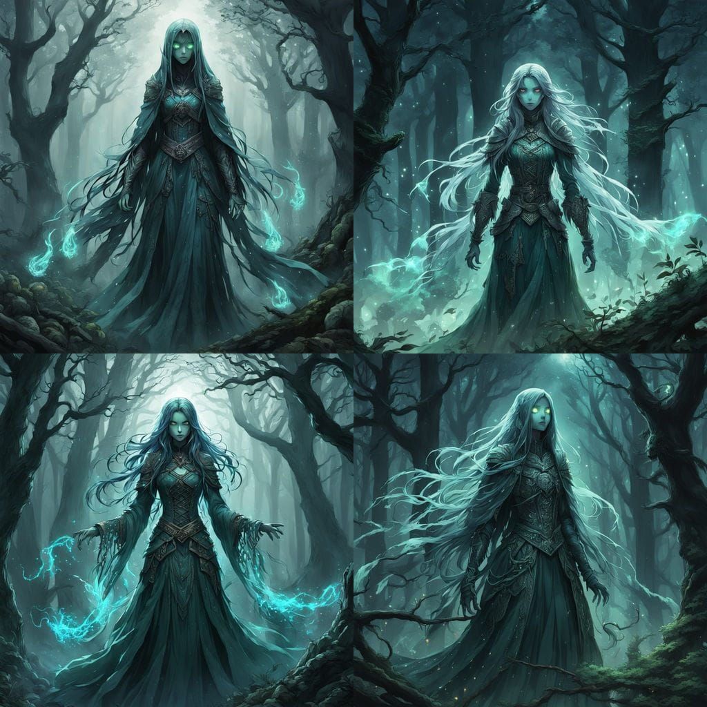 Ethereal Banshee Haunts Misty Forest Under Moonlight
