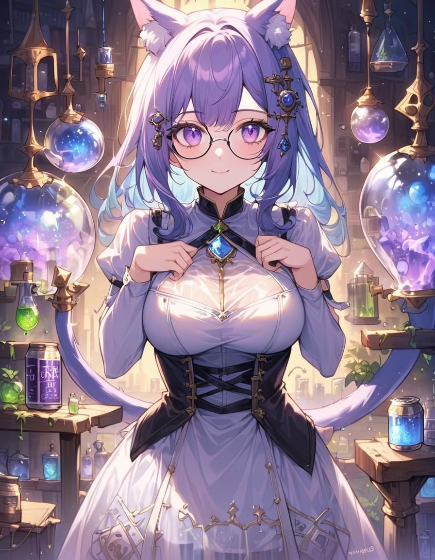 Anime Catgirl Alchemist in Fantasy Lab