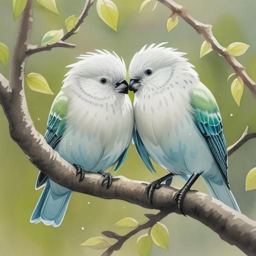 Whimsical Watercolor Birds Preening in Morning Light