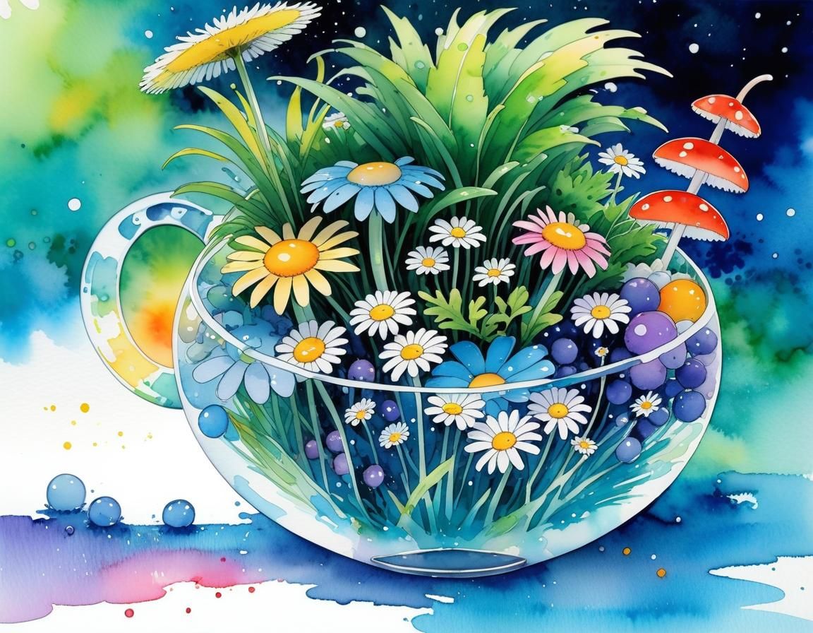 Overflowing Teacup with Flowers in Studio Ghibli Style