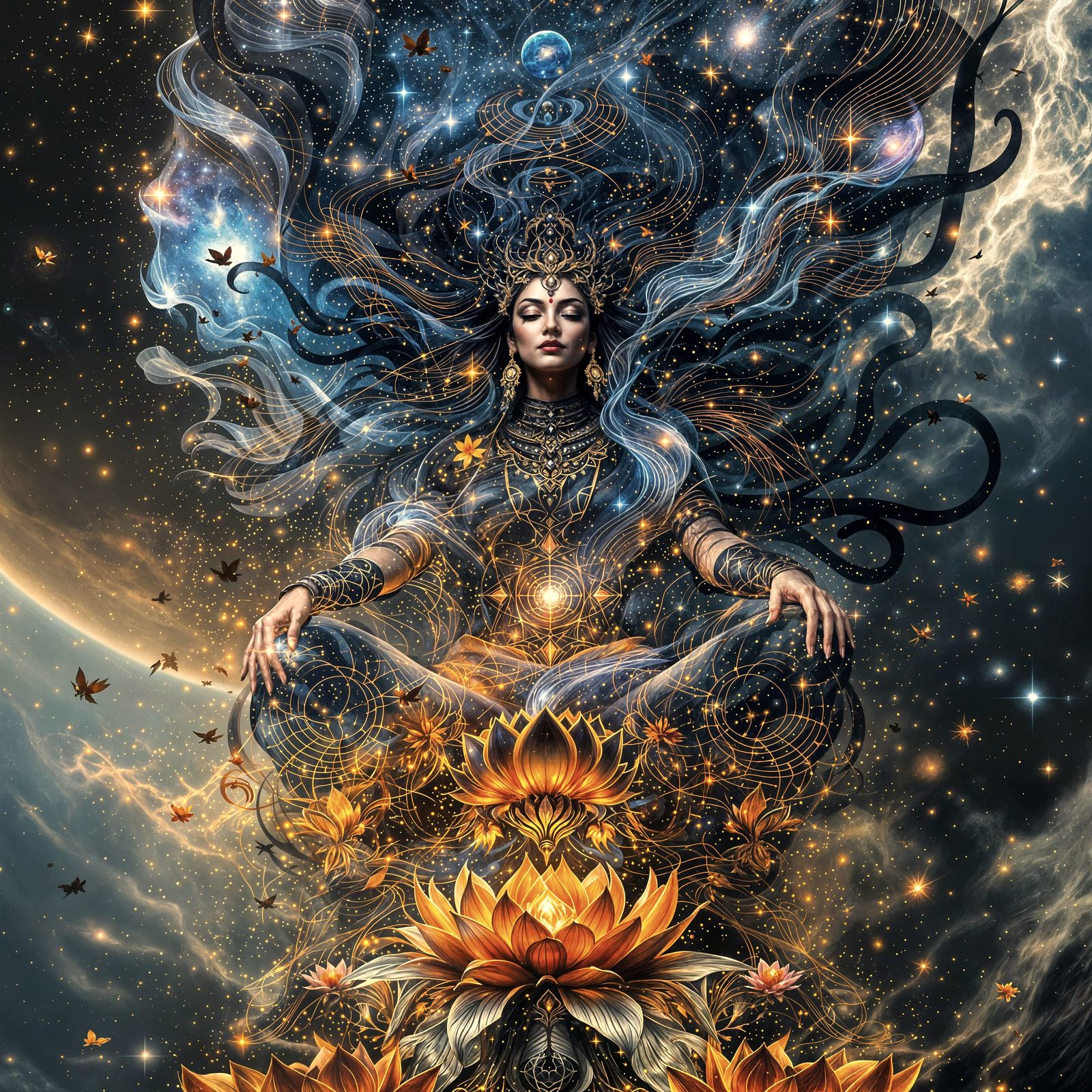 Mystical Goddess in Vibrant Cosmic Bloom