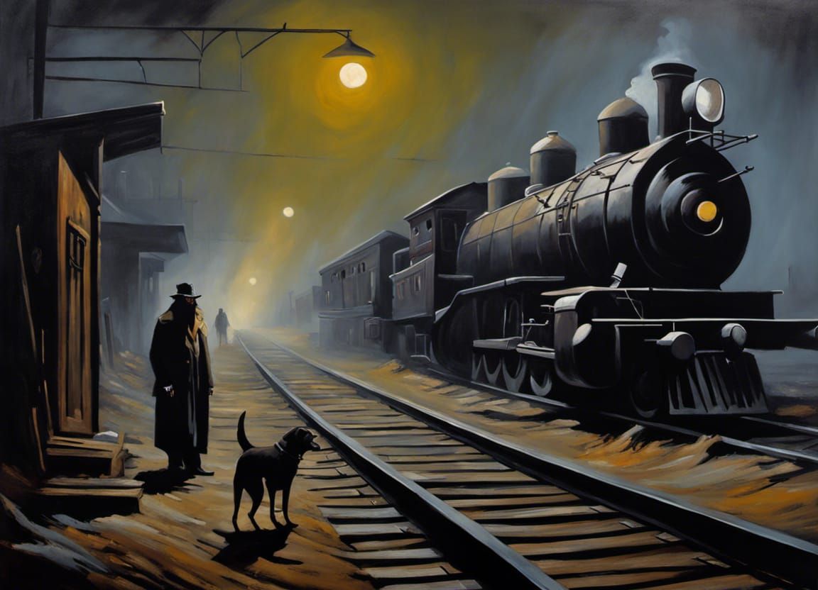 Haunted Rail Yard: Dark Art Oil Painting