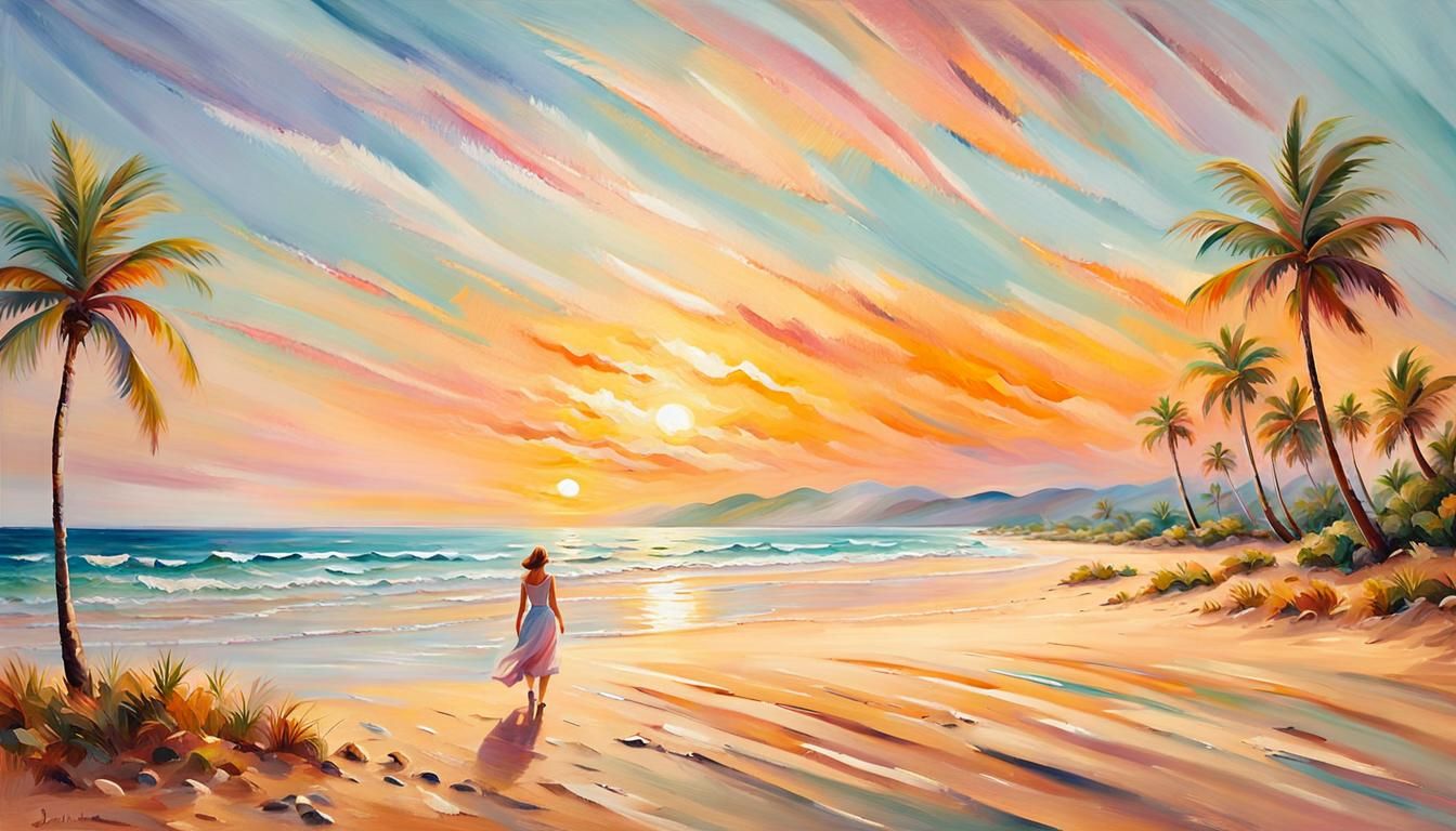 Impressionist Beach Scene with Woman in Sundress
