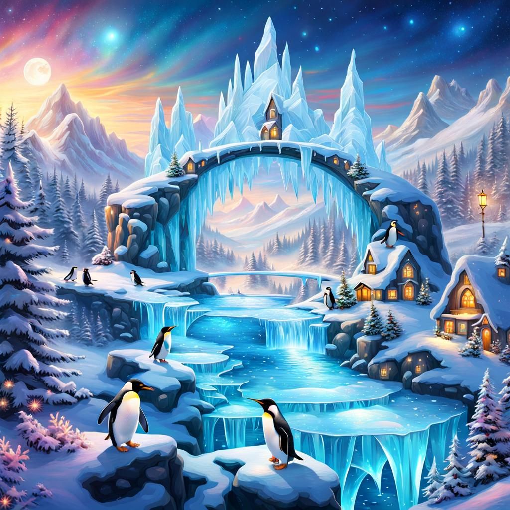 Ice Bridge over Fantasy Land with Penguins