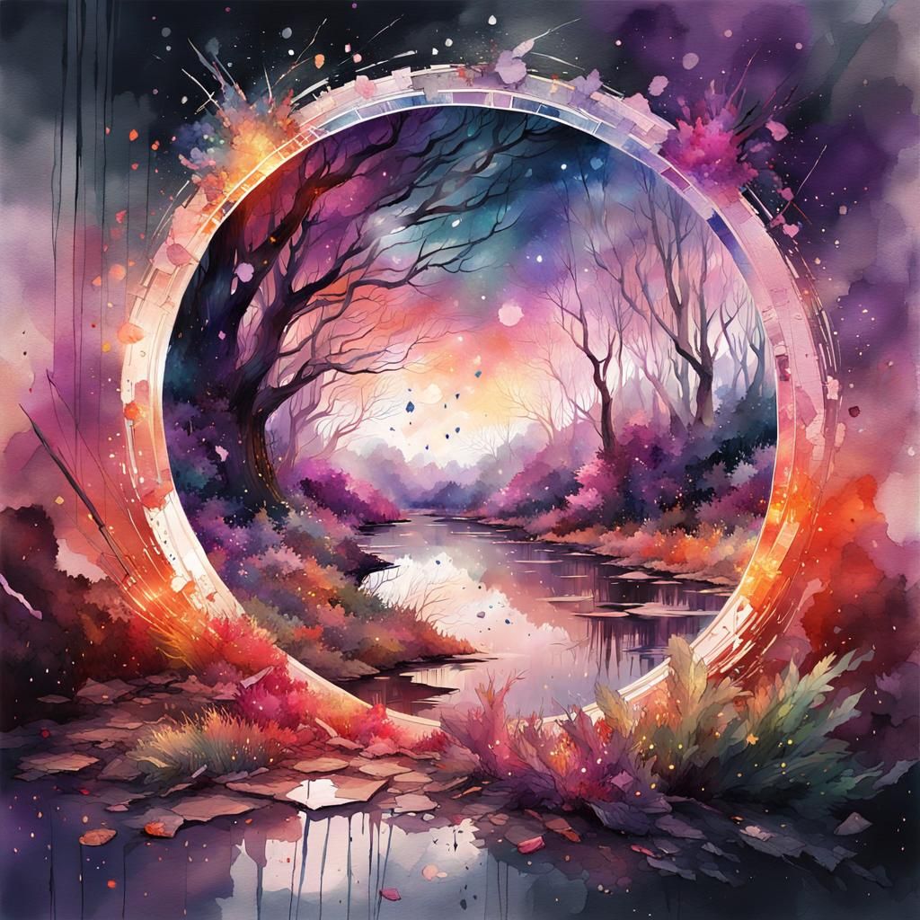 Watercolor Mirror Portal to Summer Landscape