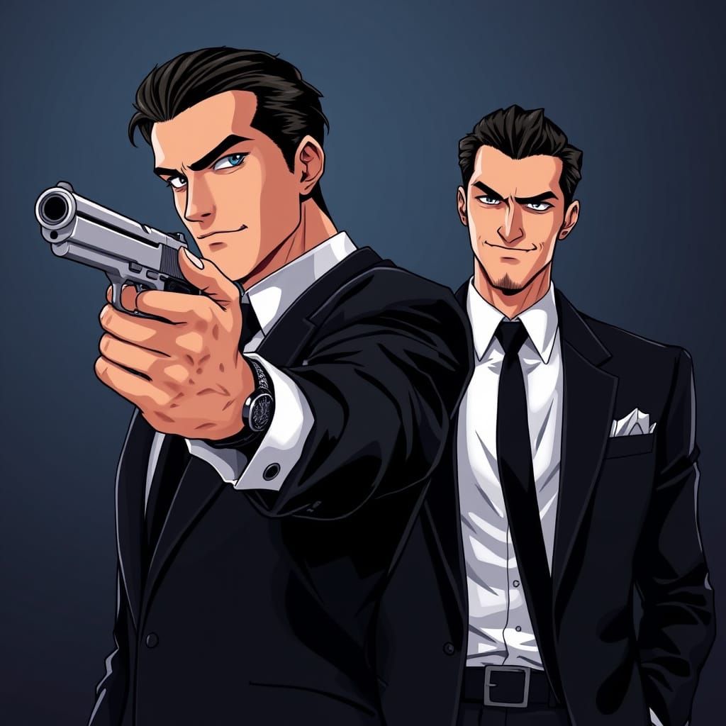 Mafia Mastermind in Sharp Suit Smirks with Pistol