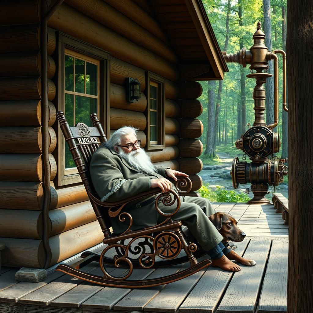 Rustic Cabin with Steampunk Engine, Digital Art