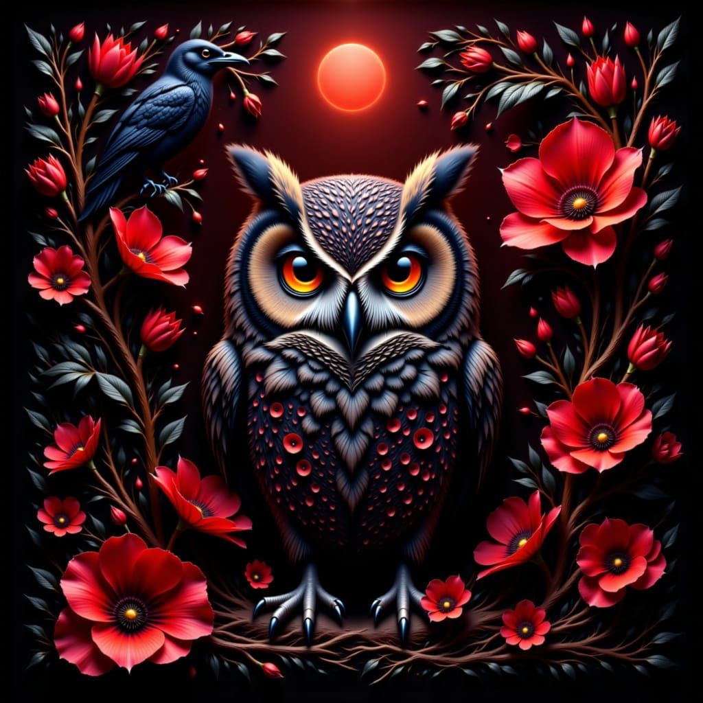 Escher-Style Owl with Impossible Geometry and Floral Garden