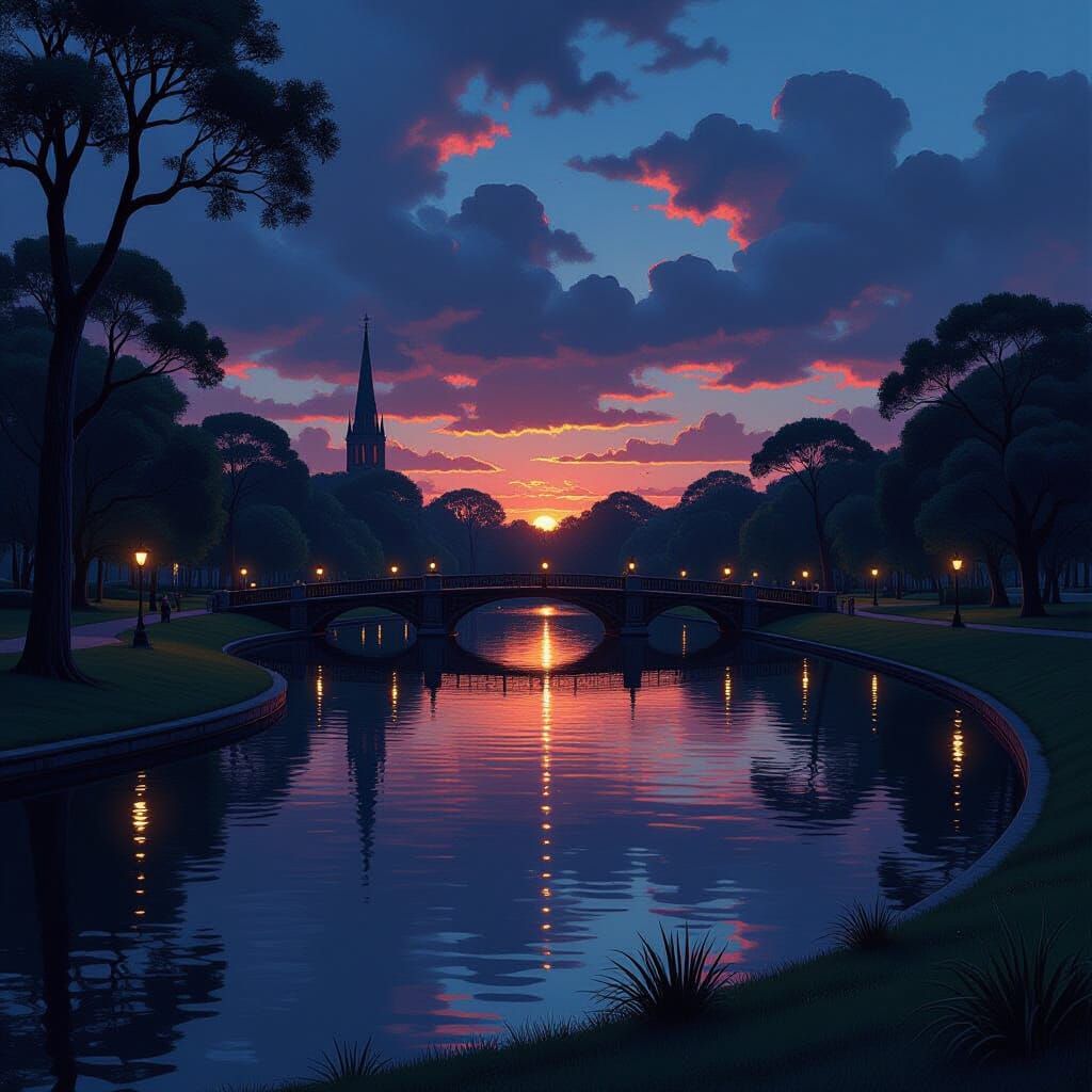 Victorian Park at Dusk in Gustave Doré Style