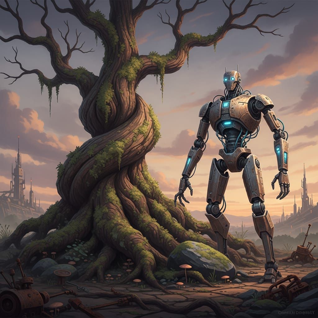 Robot and Ancient Tree Showcase Advanced Technology and Natu...