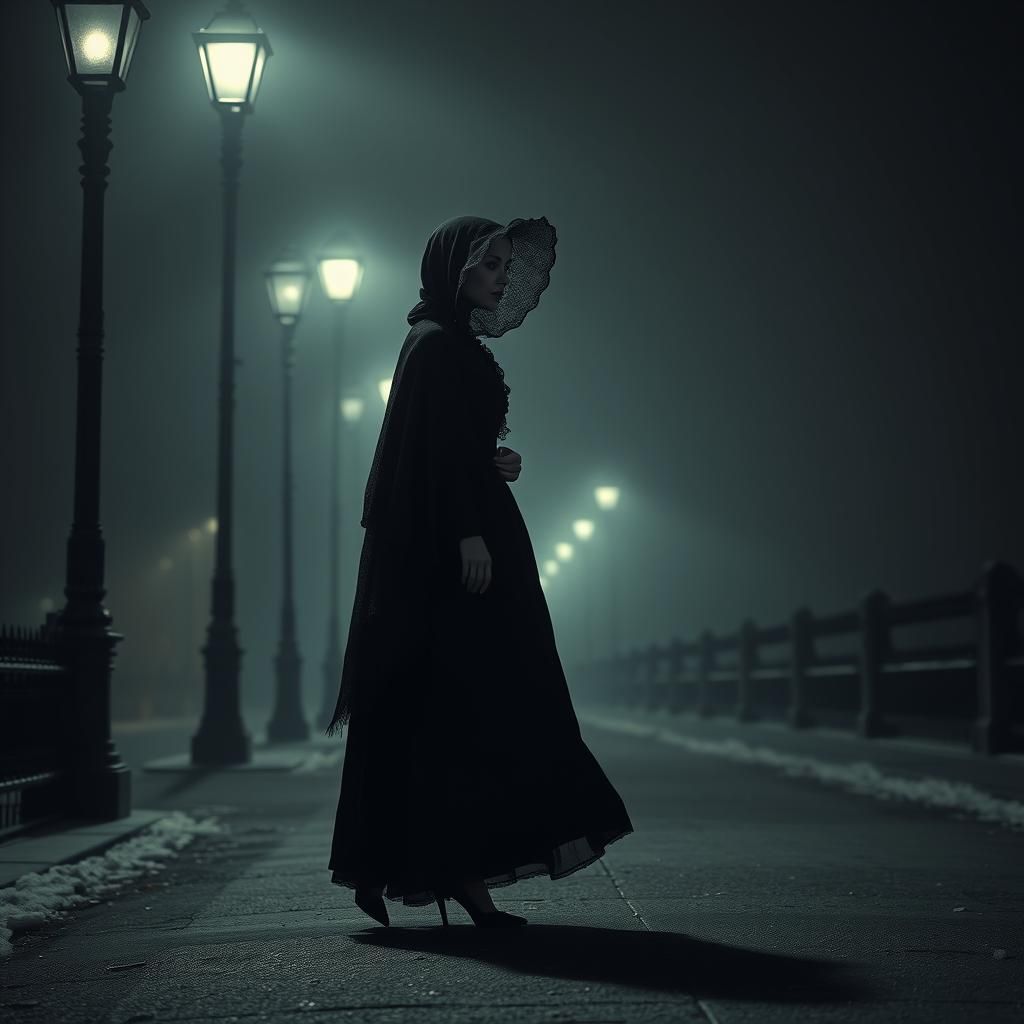 Victorian lady dressed in black.  With shawl and bonnet.. Ou...