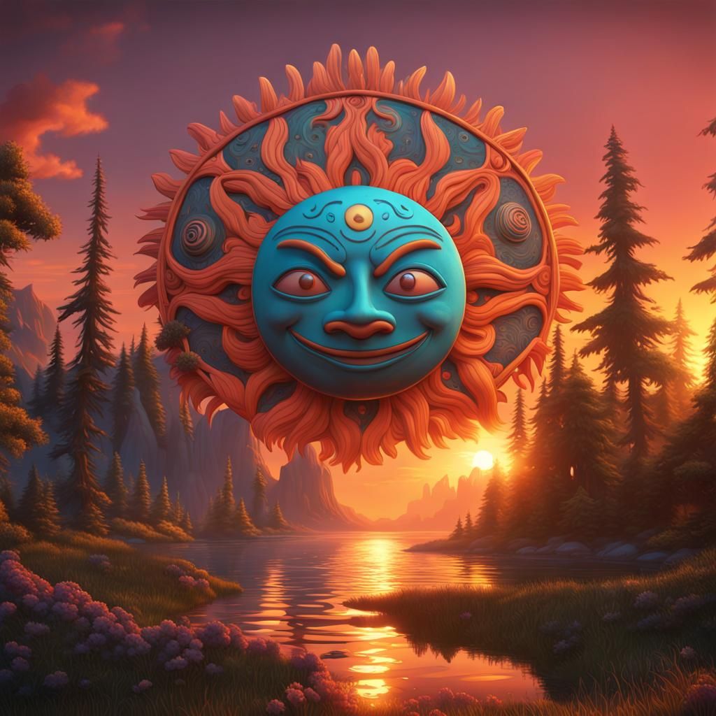 Whimsical Haida Sunset with Smiling Sun