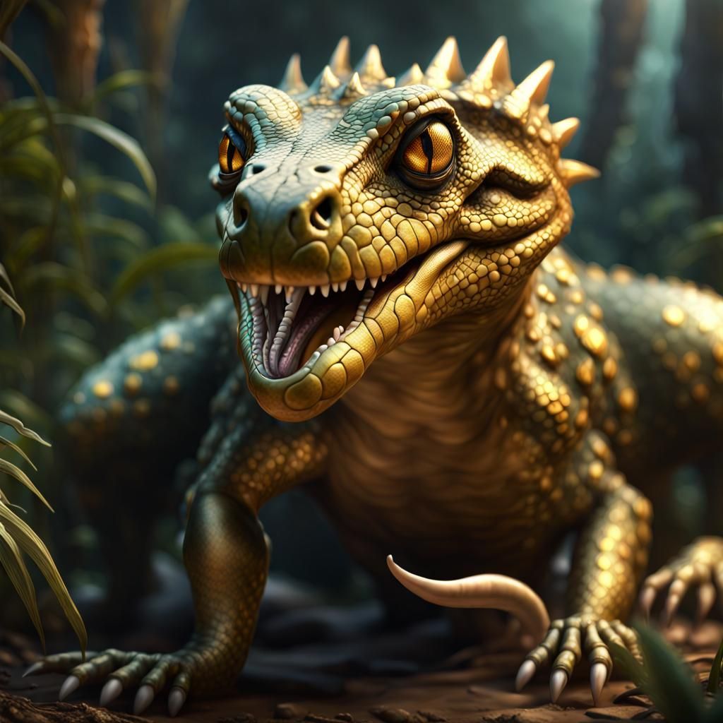 Alien Reptile Mother Protecting Her Young