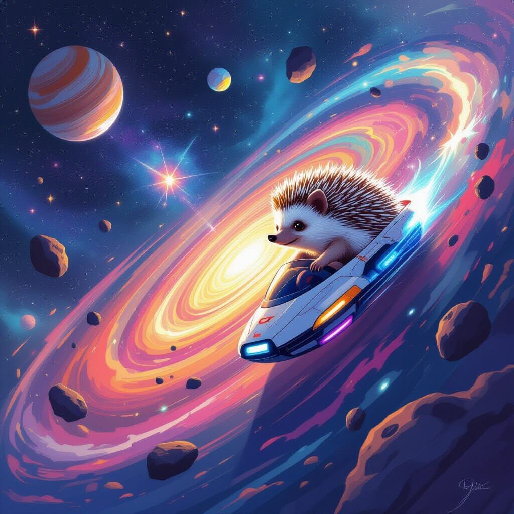 Hedgehog Space Crew Navigates Vibrant Galaxy