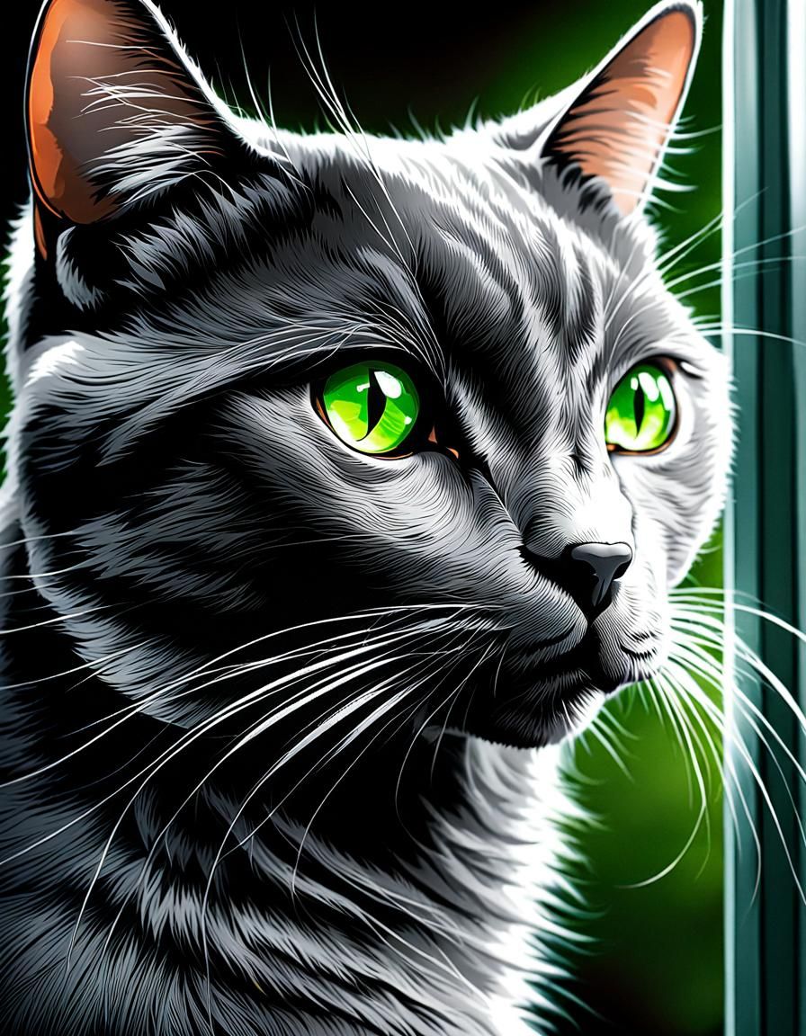 Dark Grey Cat with Green Eyes at Window