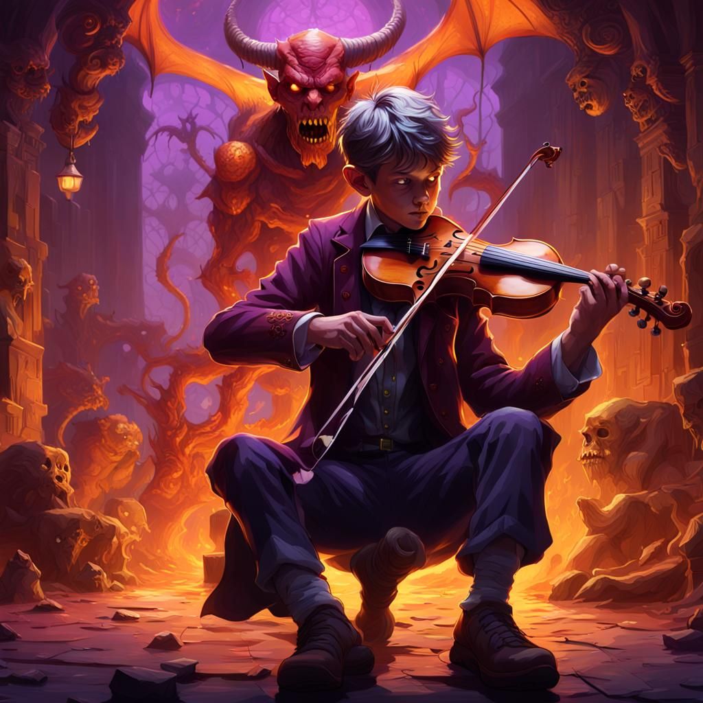 Fiddle Duel: Boy and Devil in Dark Fantasy Art