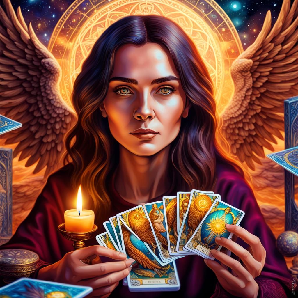 Woman Sorcerer Reading Tarot Cards: Cosmic Illustration