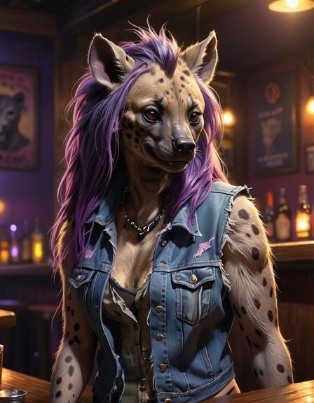 Anthropomorphic She-Hyena in Smoky Dive-Bar Scene