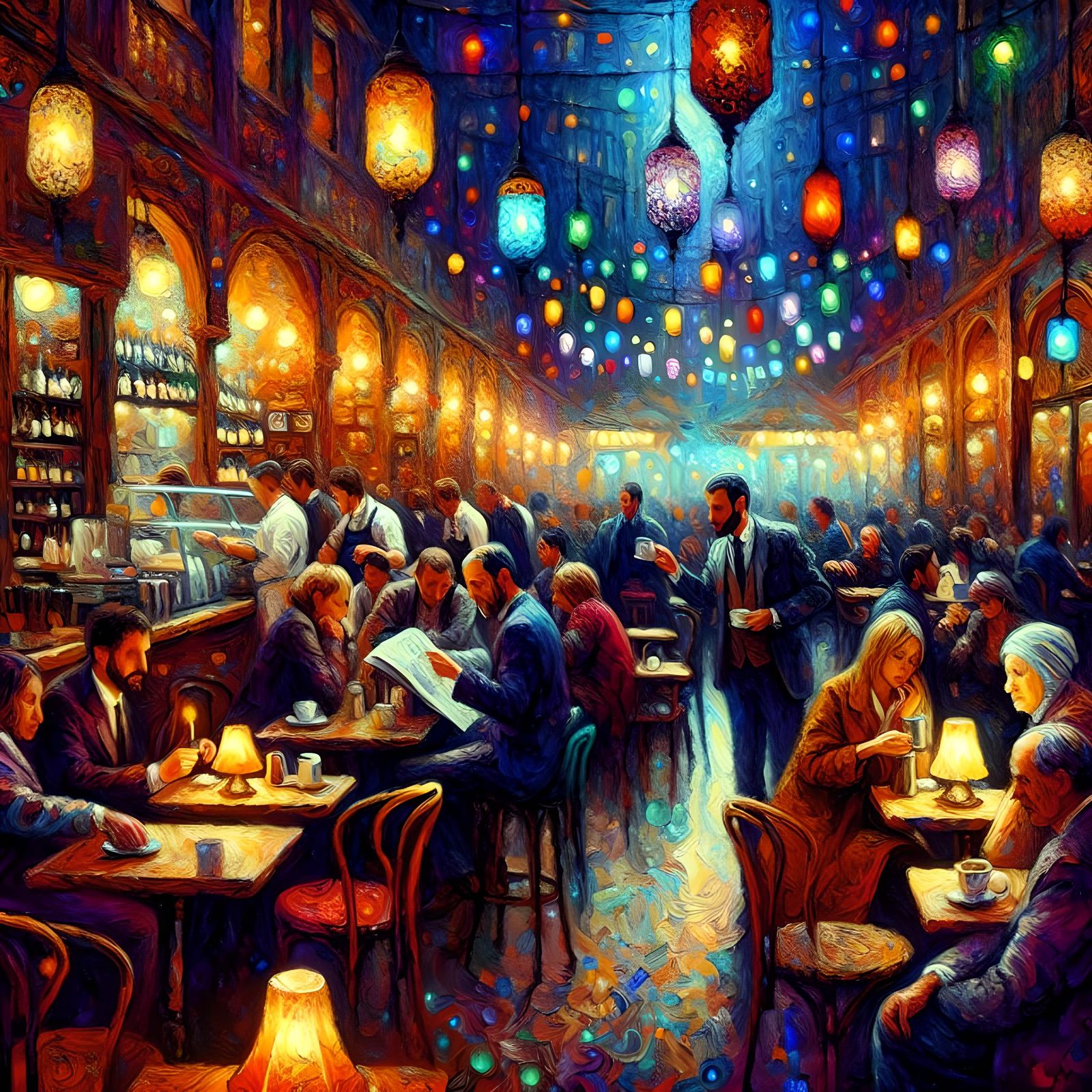 Night Cafe Scene in Post-Impressionist Impasto Style