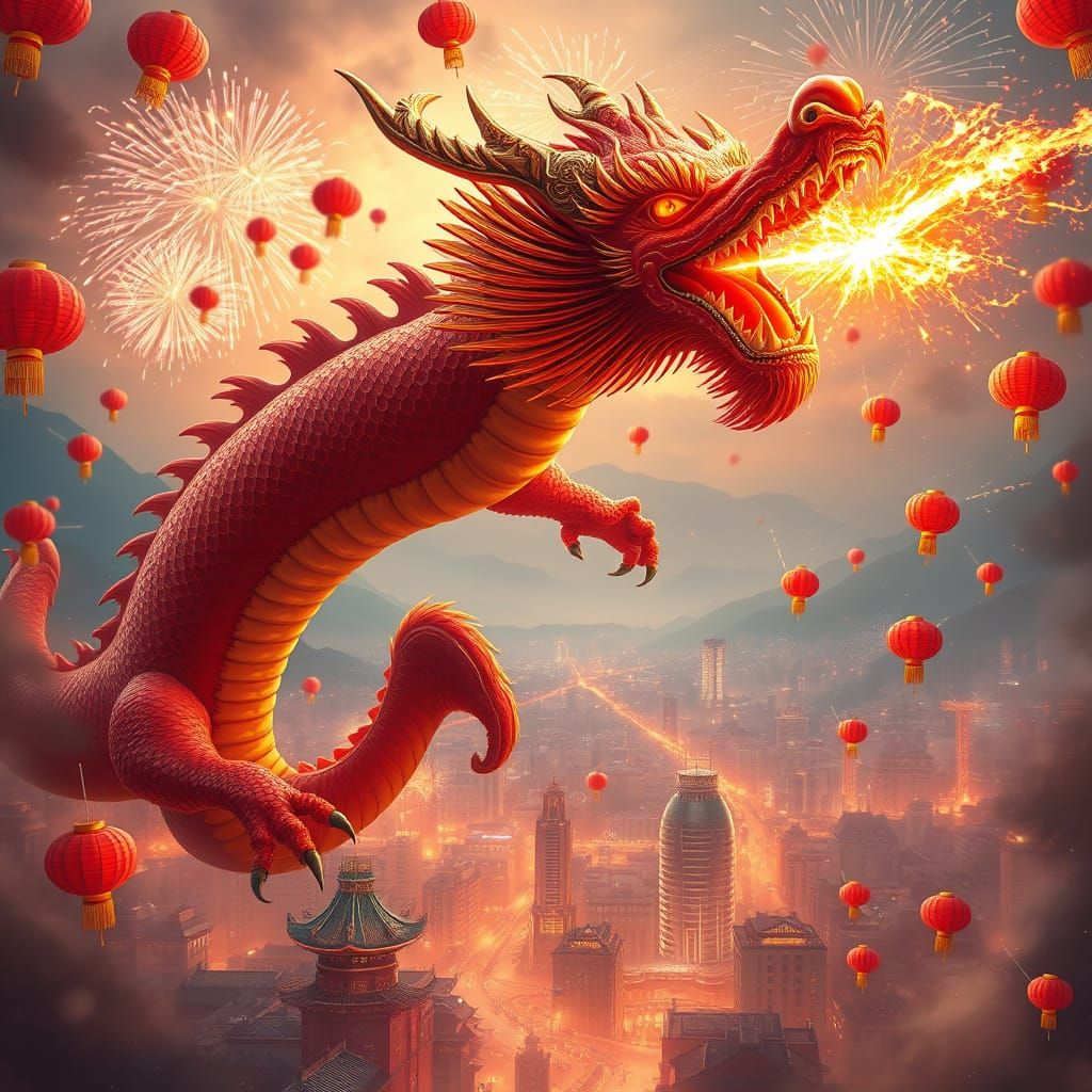 Celestial Fire Dragon Descends on Futuristic City
