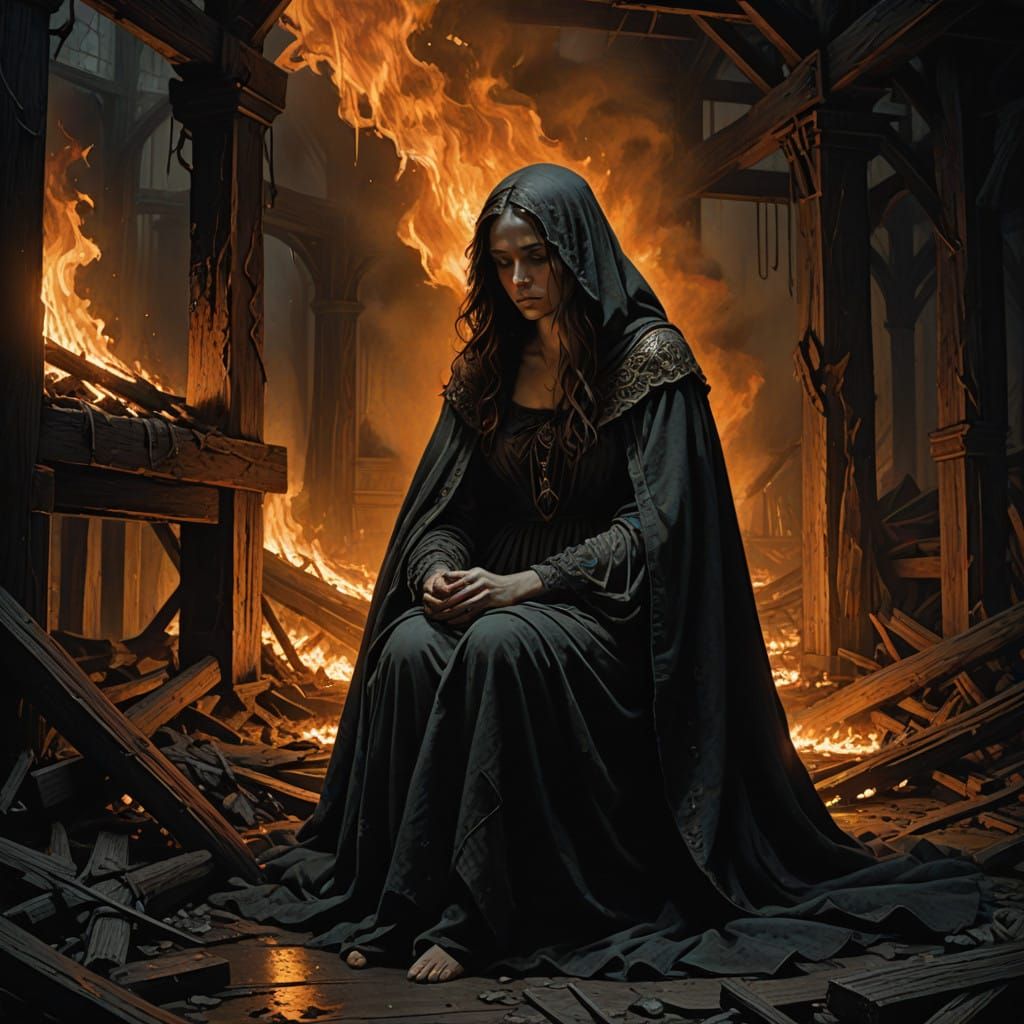 A Woman Surrounded by Flames in a Dramatic, Dark Fantasy Sty...