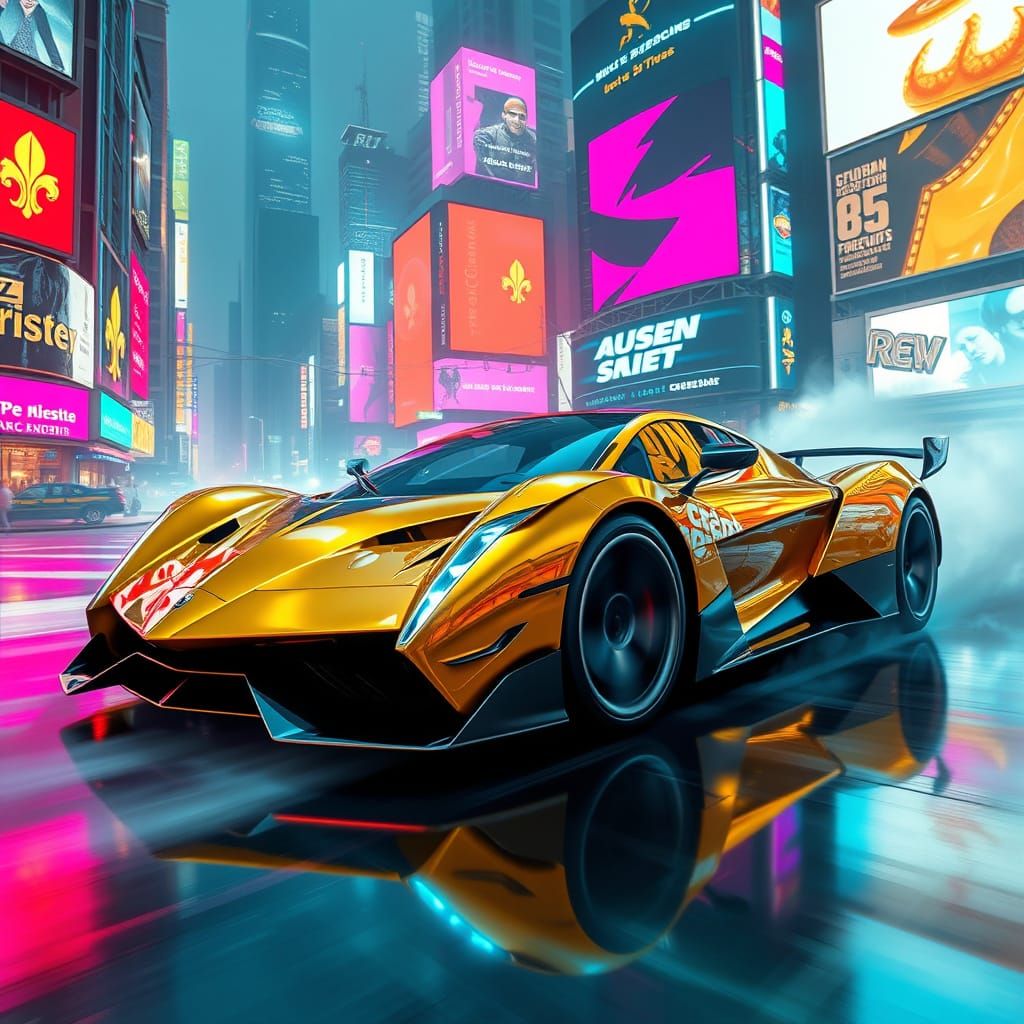 Sleek Gold Supercar Speeds Through Futuristic City