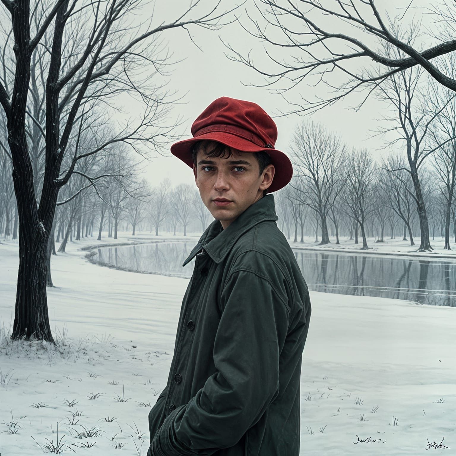 Whimsical Winter Landscape in the Style of 1950s American Il...