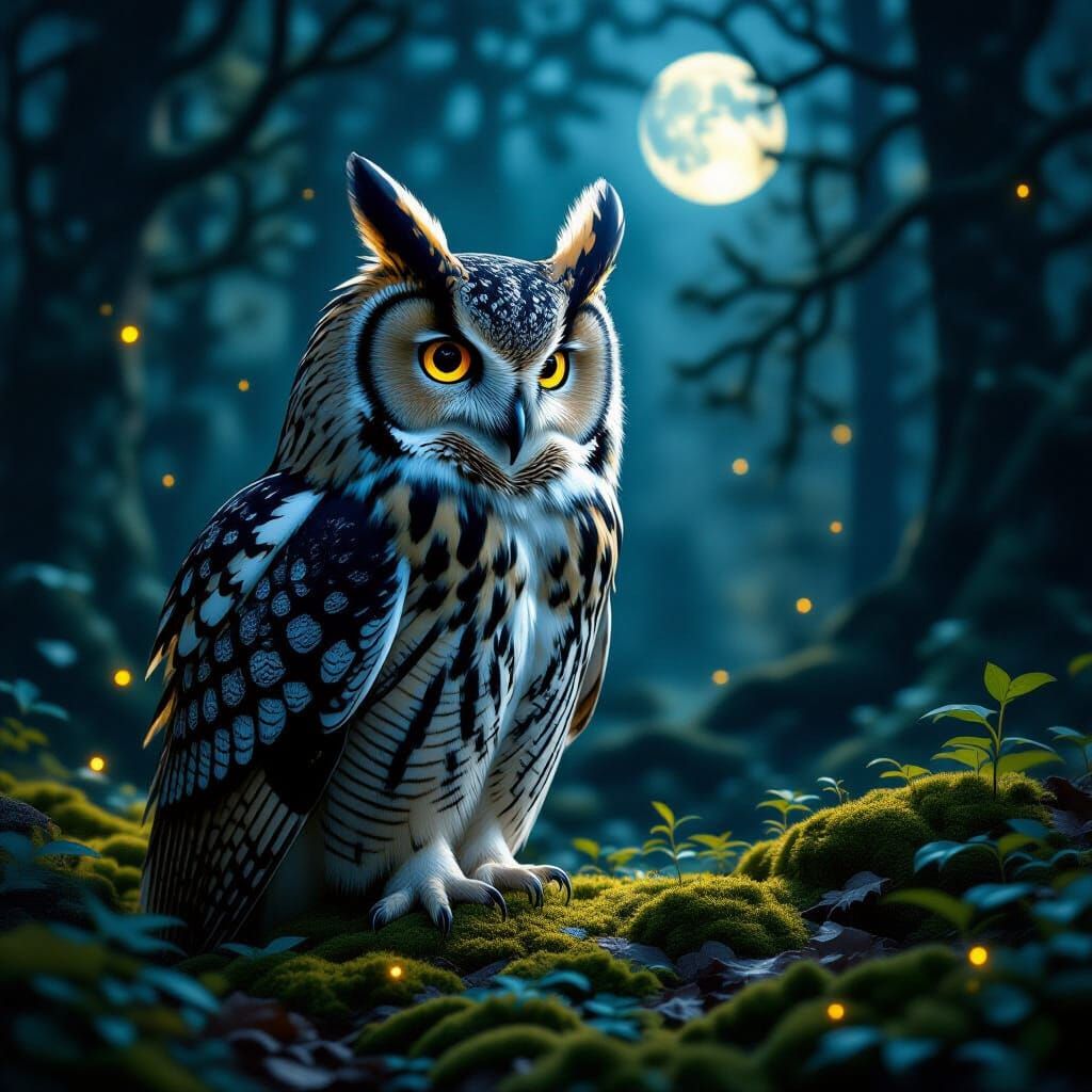 Majestic Owl in Moonlit Forest, Oak Bark Feathers