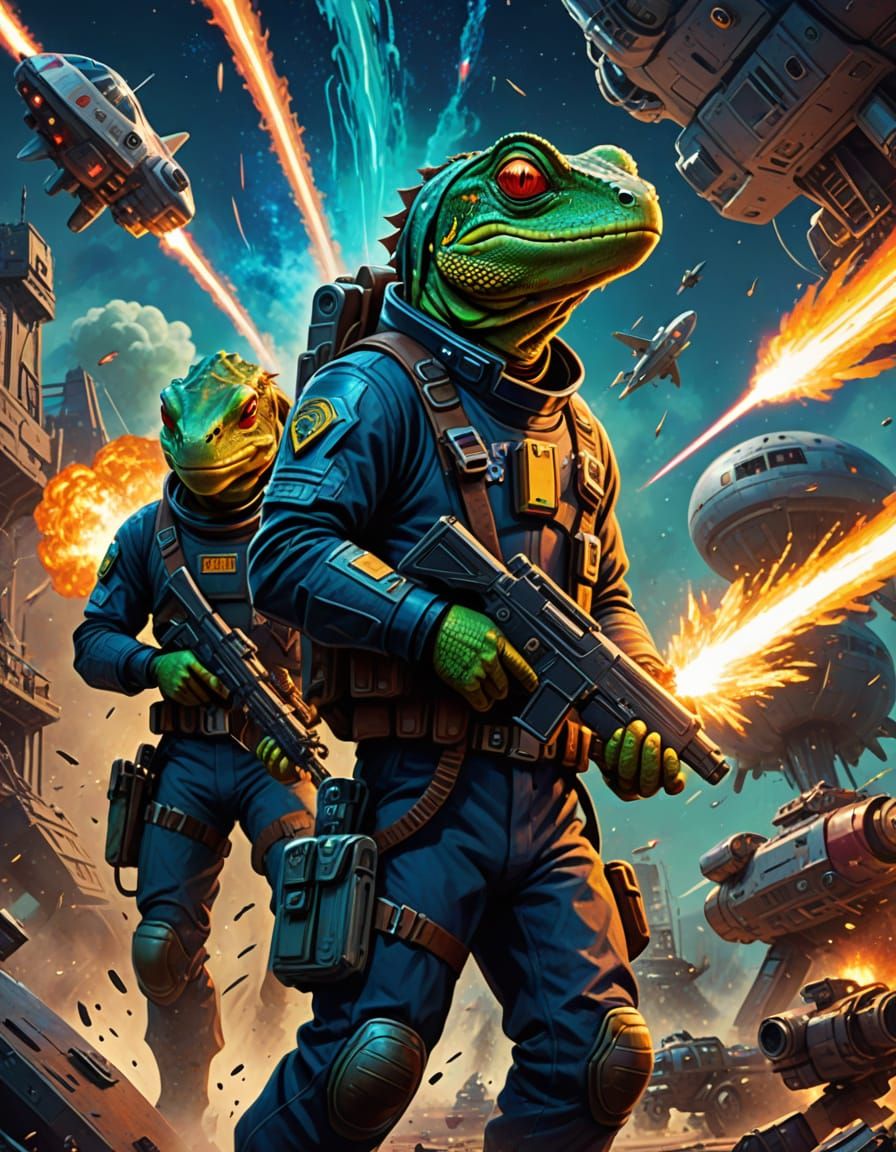 Lizard Space Pirates in Sci-Fi Battle, Pixar Style