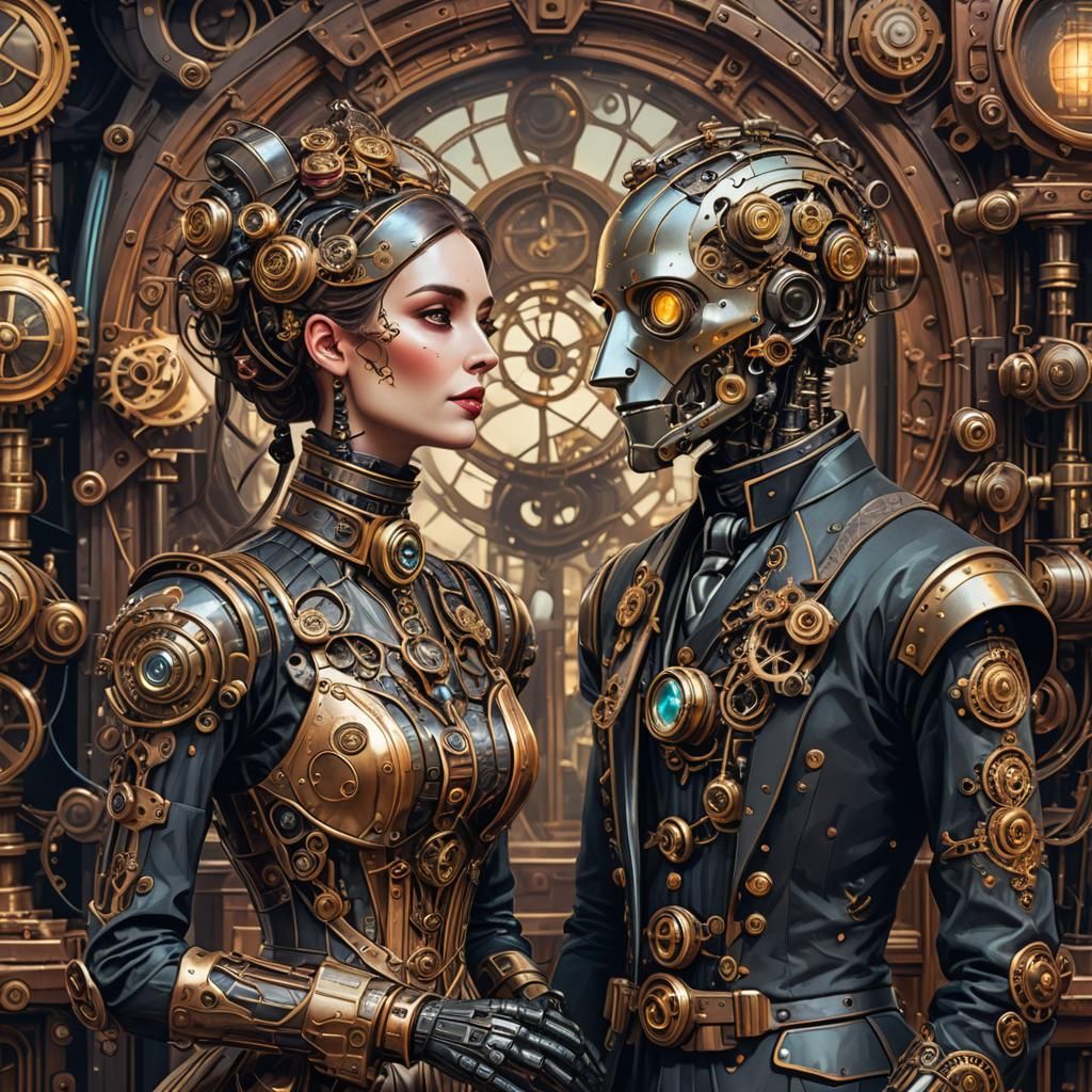 Steampunk Robot Couple in Victorian Era Style