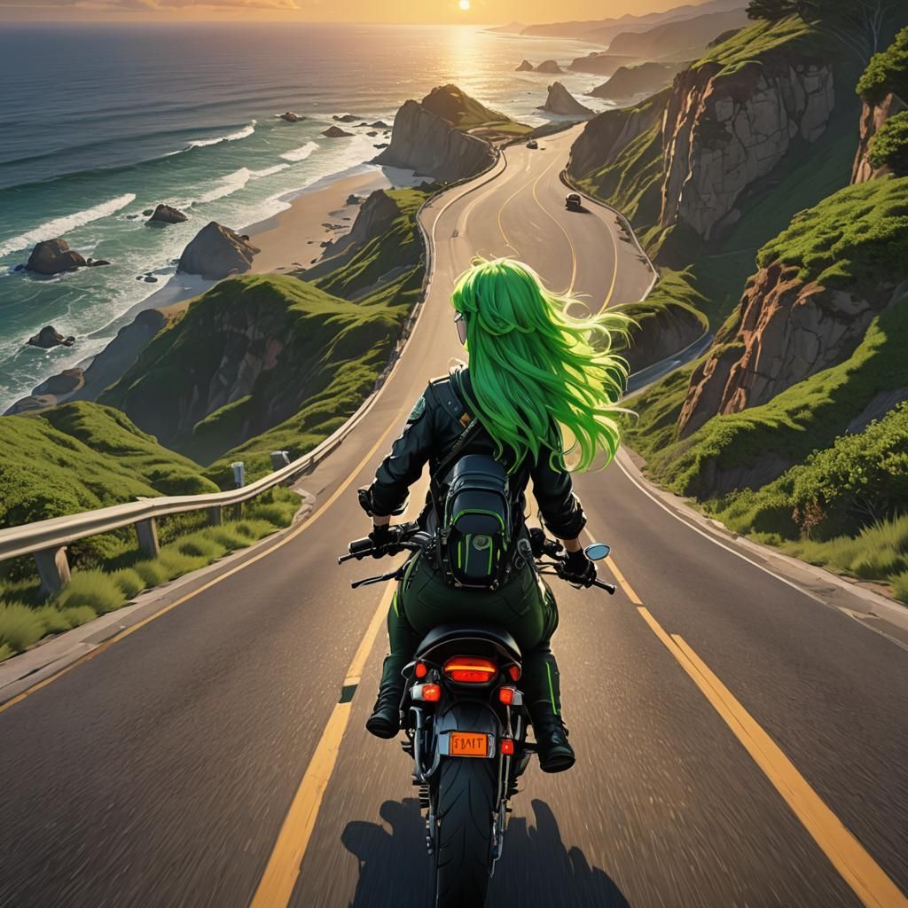Anime Girl Rides Motorcycle on Pacific Coast Highway