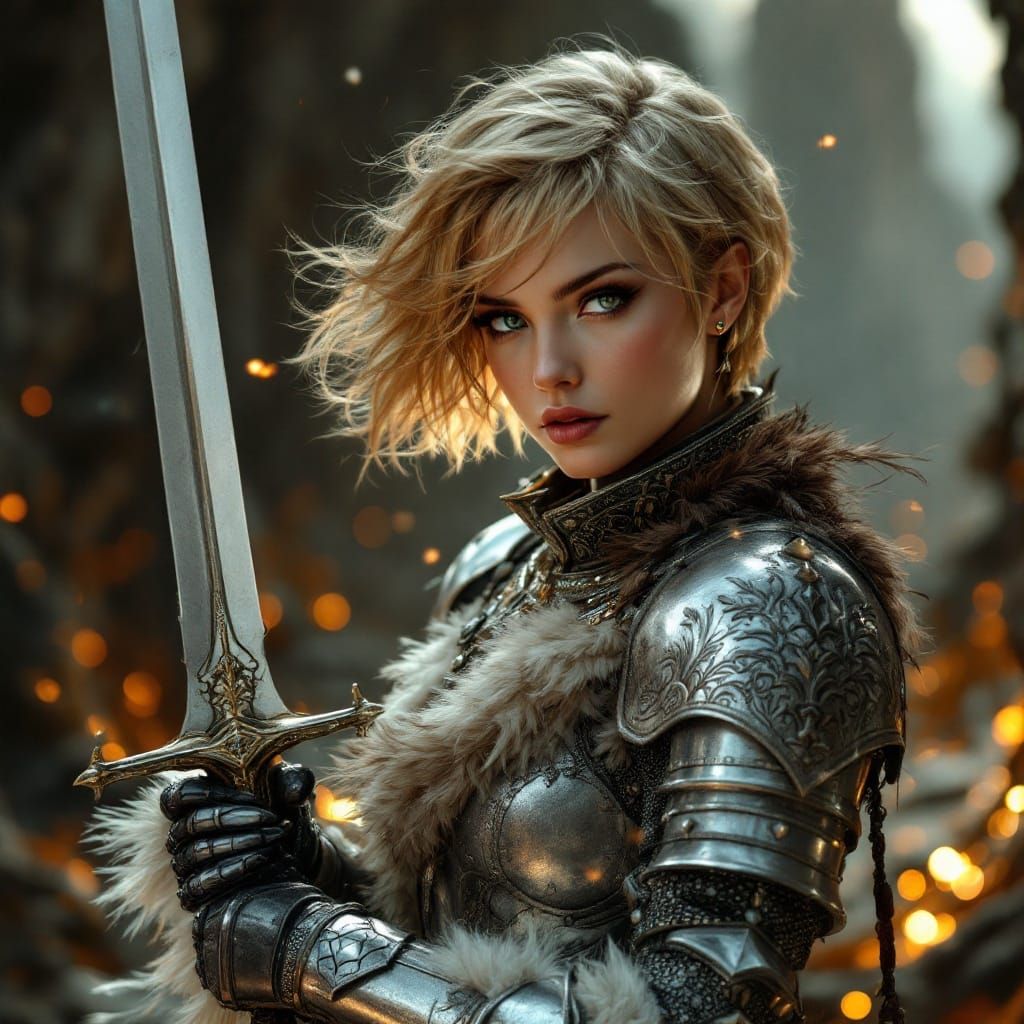 Ethereal Dark Fantasy Warrior in Shimmering Silver Armor