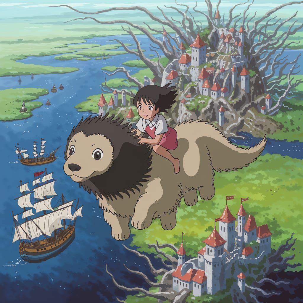 Girl Rides Flying Dragon Pup Above Whimsical Kingdom