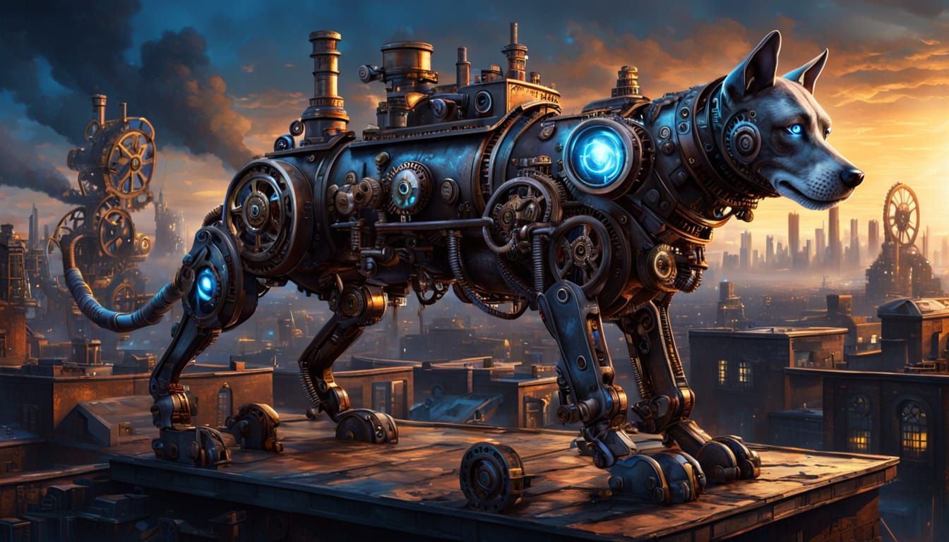 Steampunk Mechanical Dog on Rooftop Oil Painting