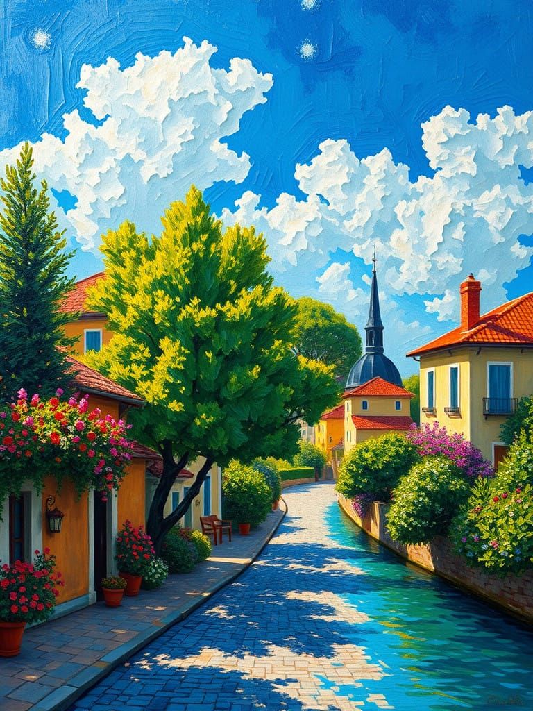 Vibrant Summer Village in Neo-Impressionist Style