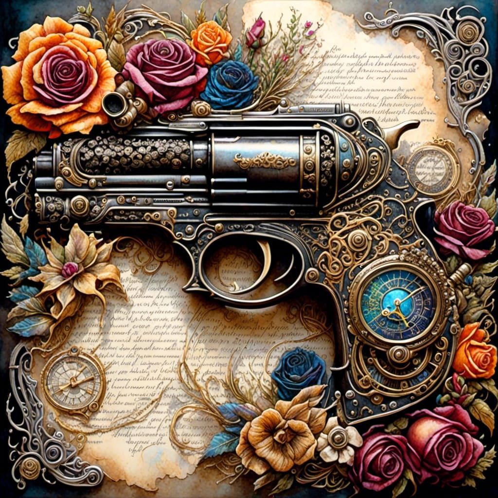 Steampunk Engraved Weapons in Watercolor Style