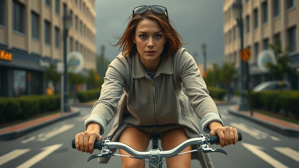 Woman on Bicycle: Photorealistic Aerial View