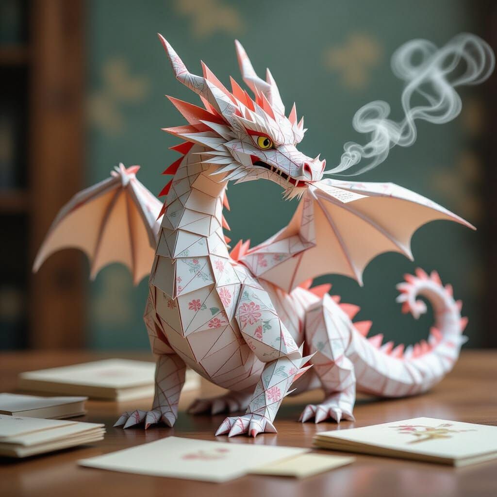 Intricate Origami Dragon Blowing Paper File