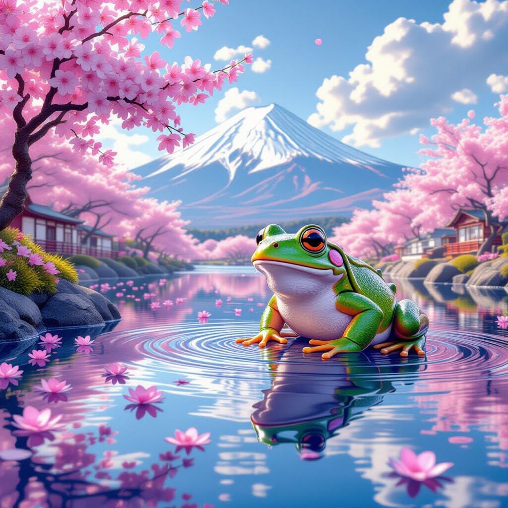 Whimsical Giant Lake with Cherry Blossom Frog