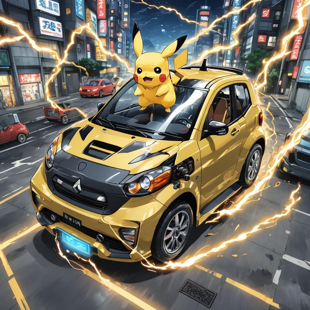 Pikachu Rides Electric Car in Anime Style