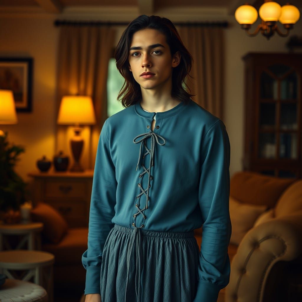 Masculine Young Man in Elegant Blue Bear Dress