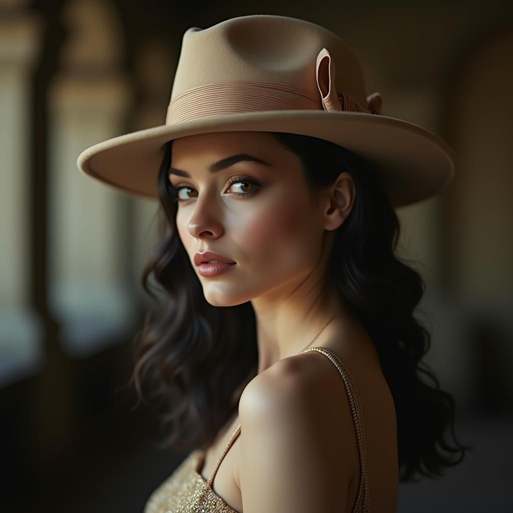 Elegant Woman in Beige Wool Fedora Hat