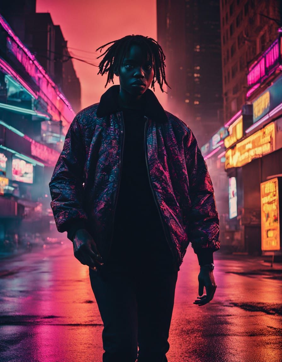 Dancer in Neon Cityscape, Cinematic Black Silhouette