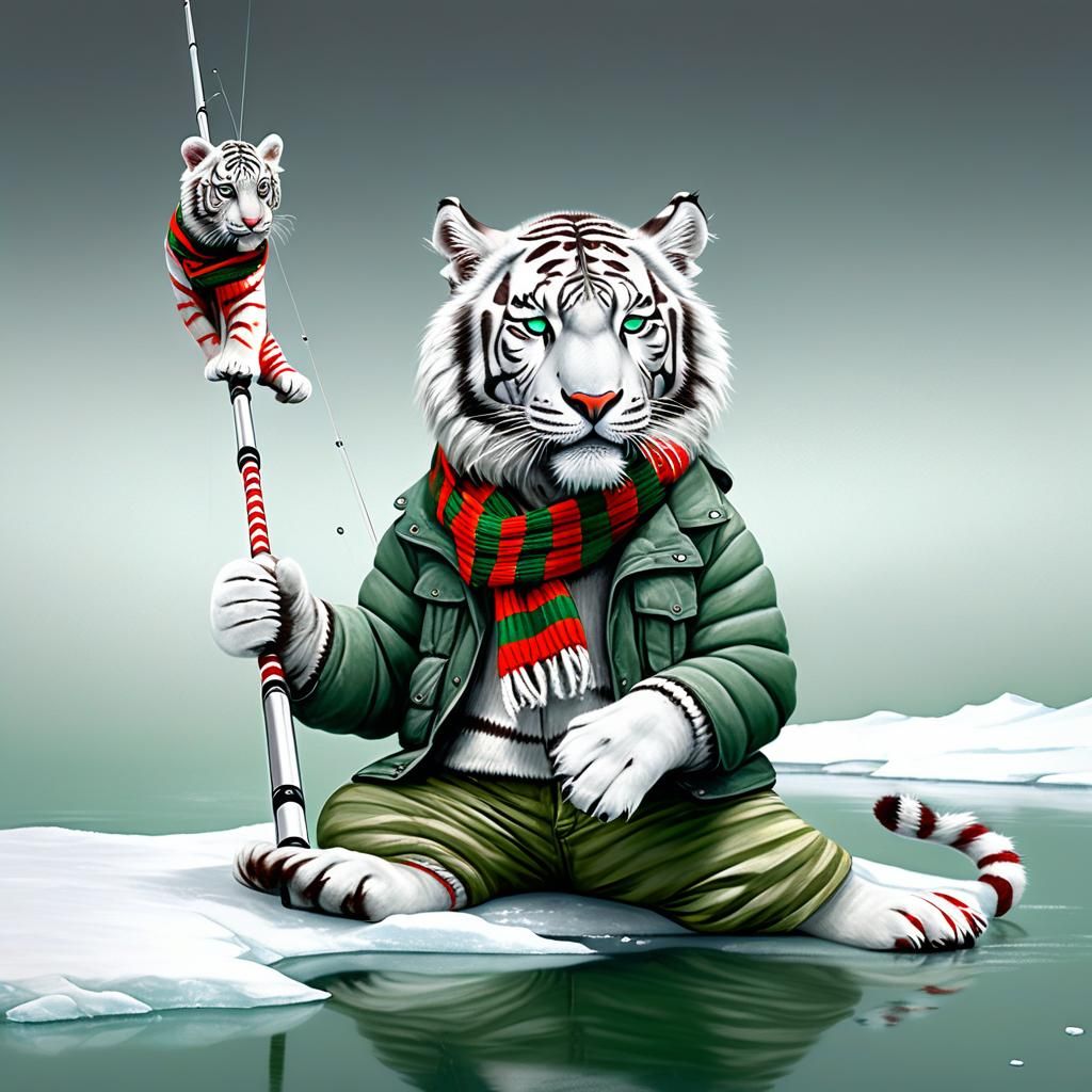 Humanized White Tigers Fishing on Ice, Wildlife Portrait